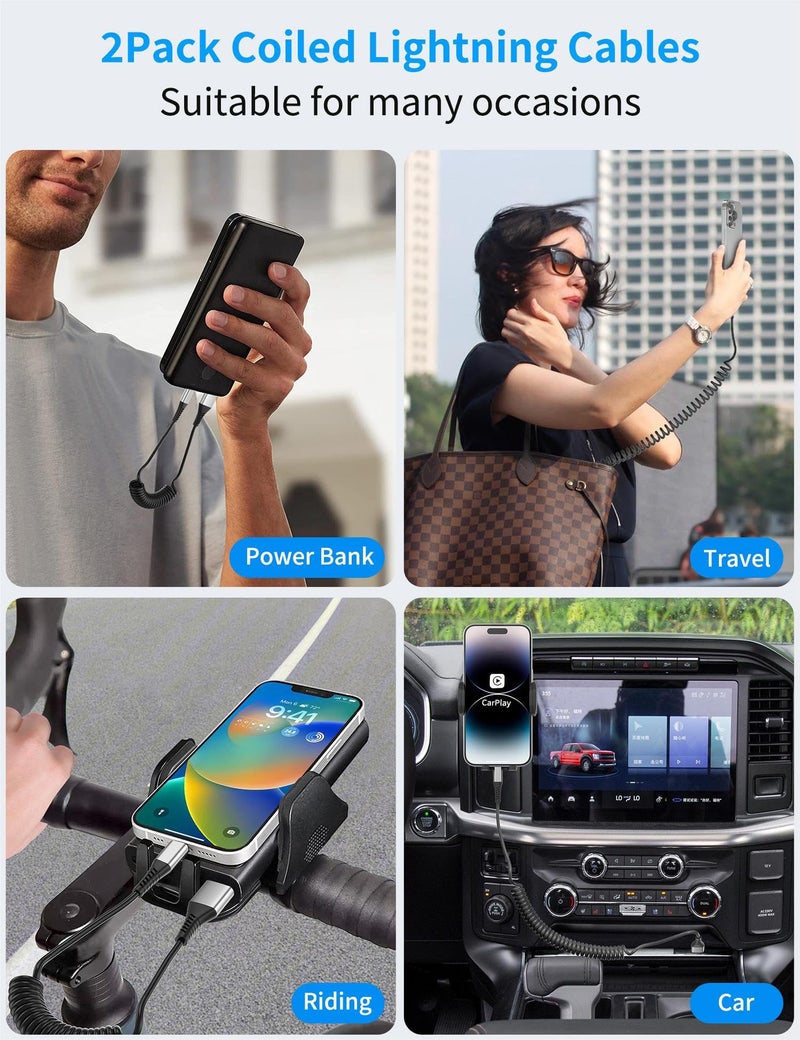 Umefly Coiled Lightning Cable for Car, 2Pack Retractable iPhone Charger Cable Fast Charging, [MFi Certified] Short Apple CarPlay USB to Lightning Cord for iPhone 14 13 12 11 Pro Max Mini XR XS 8 SE iPad - Image 4