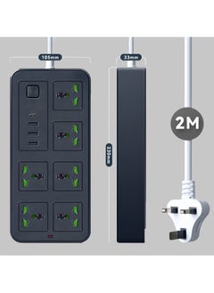 MarkedOne Universal Extension Lead with 6 Power Socket 3 USB 1 Type-C 2M Long Cable 6 Way Power Strip with USB type C PD Charging Slot Mains Strip for Home Kitchen and Office Black  - Image 3