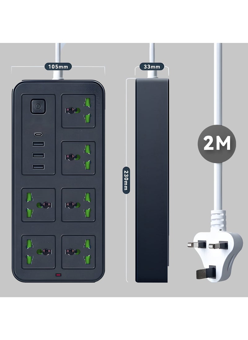 MarkedOne Extension Cord Power Strip Charging Station, 6 Gang 3 USB Port 1 Type-C, 2M UK 3 Pin, Universal Surge Protector with 2 Meter Cable, Efficient Charging Solution for Home & Office Black  - Image 3