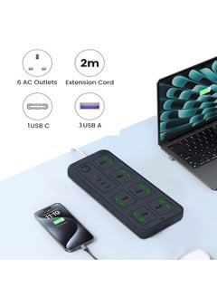 MarkedOne Universal Extension Lead with 6 Power Socket 3 USB 1 Type-C 2M Long Cable 6 Way Power Strip with USB type C PD Charging Slot Mains Strip for Home Kitchen and Office Black  - Image 2