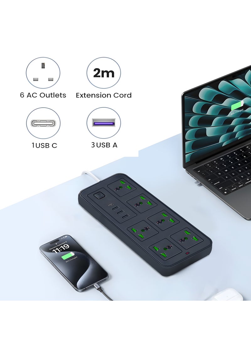 MarkedOne Extension Cord Power Strip Charging Station, 6 Gang 3 USB Port 1 Type-C, 2M UK 3 Pin, Universal Surge Protector with 2 Meter Cable, Efficient Charging Solution for Home & Office Black  - Image 2