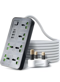MarkedOne Universal Extension Lead with 6 Power Socket 3 USB 1 Type-C 2M Long Cable 6 Way Power Strip with USB type C PD Charging Slot Mains Strip for Home Kitchen and Office Black  - Image 1
