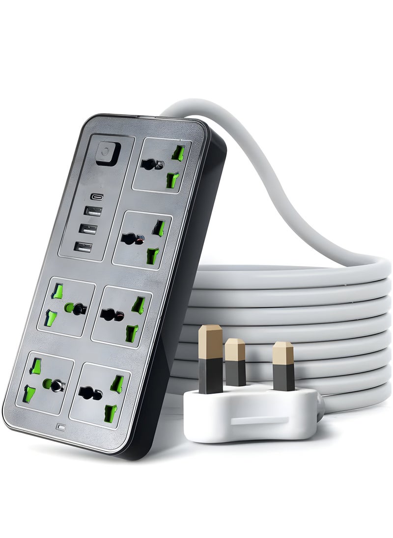 MarkedOne Extension Cord Power Strip Charging Station, 6 Gang 3 USB Port 1 Type-C, 2M UK 3 Pin, Universal Surge Protector with 2 Meter Cable, Efficient Charging Solution for Home & Office Black  - Image 1