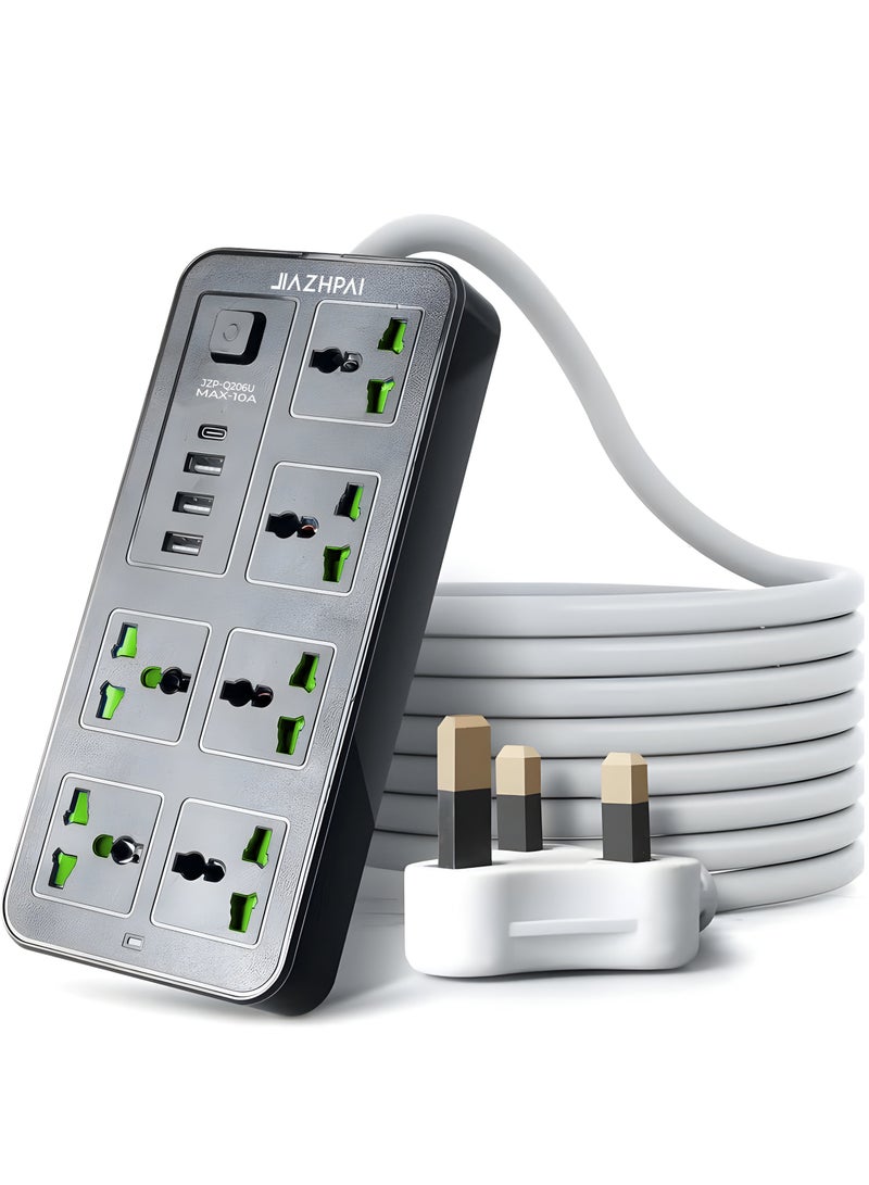 Extension Cord Power Strip Charging Station, 6 Gang 3 USB Port 1 Type-C, 2M UK 3 Pin, Universal Surge Protector with 2 Meter Cable, Efficient Charging Solution for Home & Office Black - Image 1