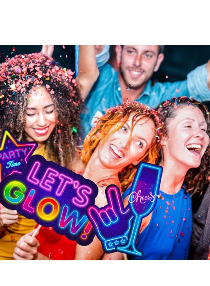 KASTWAVE 25 Pieces Glow in the Dark Neon Themed Photo Booth Props with Sticks, Glow in the Dark Party Supplies Like Glow in the Dark Party Decorations Disco Black Light Birthday Party Supplies - Image 5