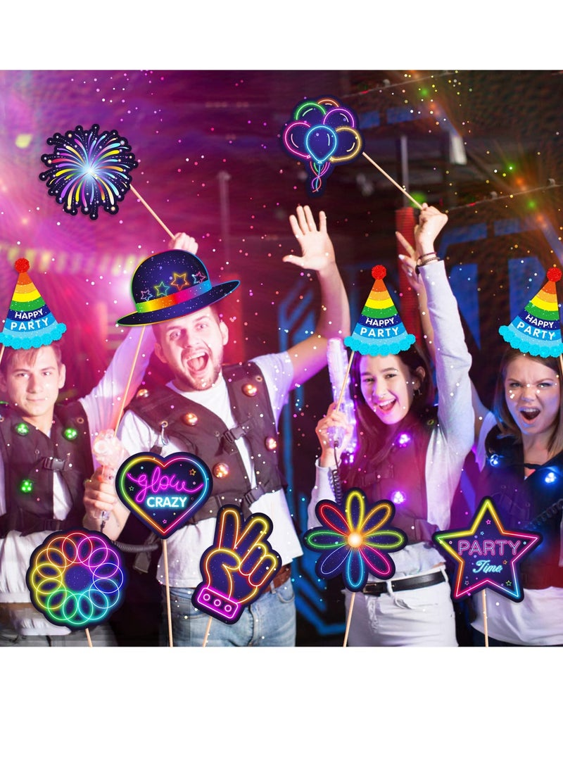 KASTWAVE 25 Pieces Glow in the Dark Neon Themed Photo Booth Props with Sticks, Glow in the Dark Party Supplies Like Glow in the Dark Party Decorations Disco Black Light Birthday Party Supplies - Image 3
