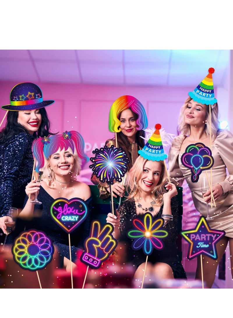 KASTWAVE 25 Pieces Glow in the Dark Neon Themed Photo Booth Props with Sticks, Glow in the Dark Party Supplies Like Glow in the Dark Party Decorations Disco Black Light Birthday Party Supplies - Image 4