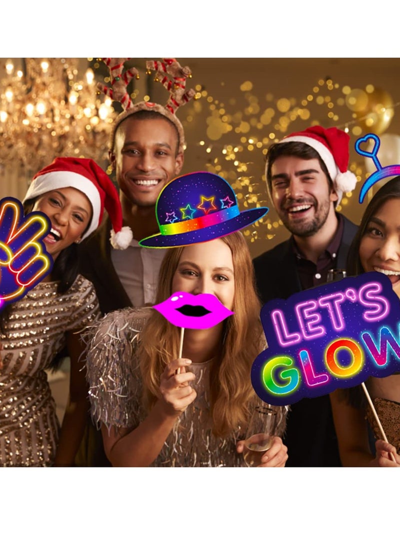 KASTWAVE 25 Pieces Glow in the Dark Neon Themed Photo Booth Props with Sticks, Glow in the Dark Party Supplies Like Glow in the Dark Party Decorations Disco Black Light Birthday Party Supplies - Image 2