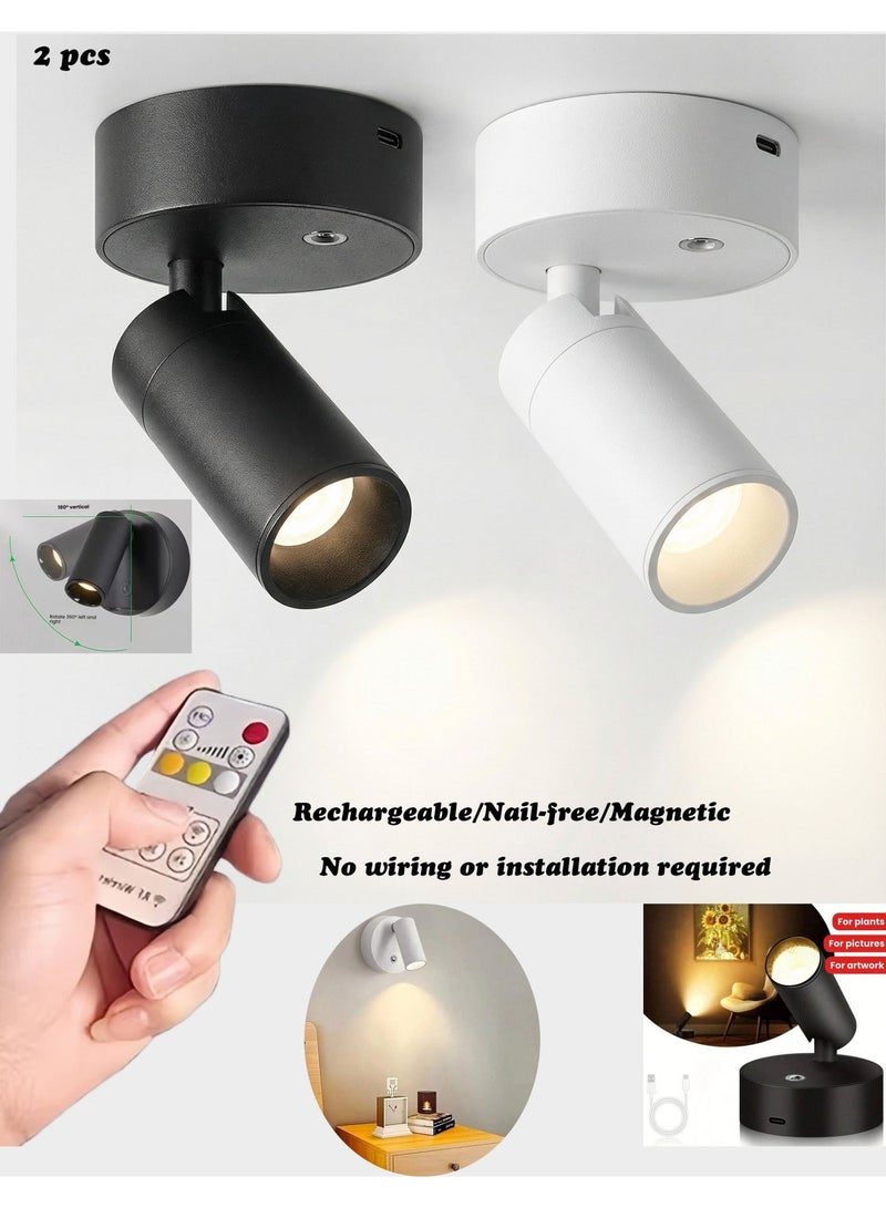 NIBEMINENT 2-Piece Wireless Indoor Rechargeable Wall Light, Dimmable 3 Color Temperatures Tree Light,Magnetic attachment without drilling holes， Battery-Powered LED Spotlight for Home Decor, for Plant and Artwork Lighting - Black/White - Image 1