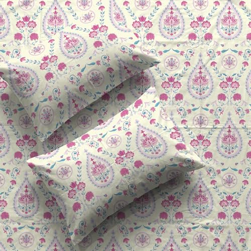 Urban Space Serene 200 TC 100% Cotton Floral Elastic Fitted Bedsheets King Size With 2 Pillow Covers, King Size Bedsheet (Persian-Courtyard Pink, Size 72 X 78 Inches) - Image 1