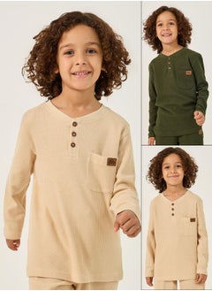 Styli Pack of 2 - Waffle Knit Design Half-Button Front T-Shirt  - Image 1