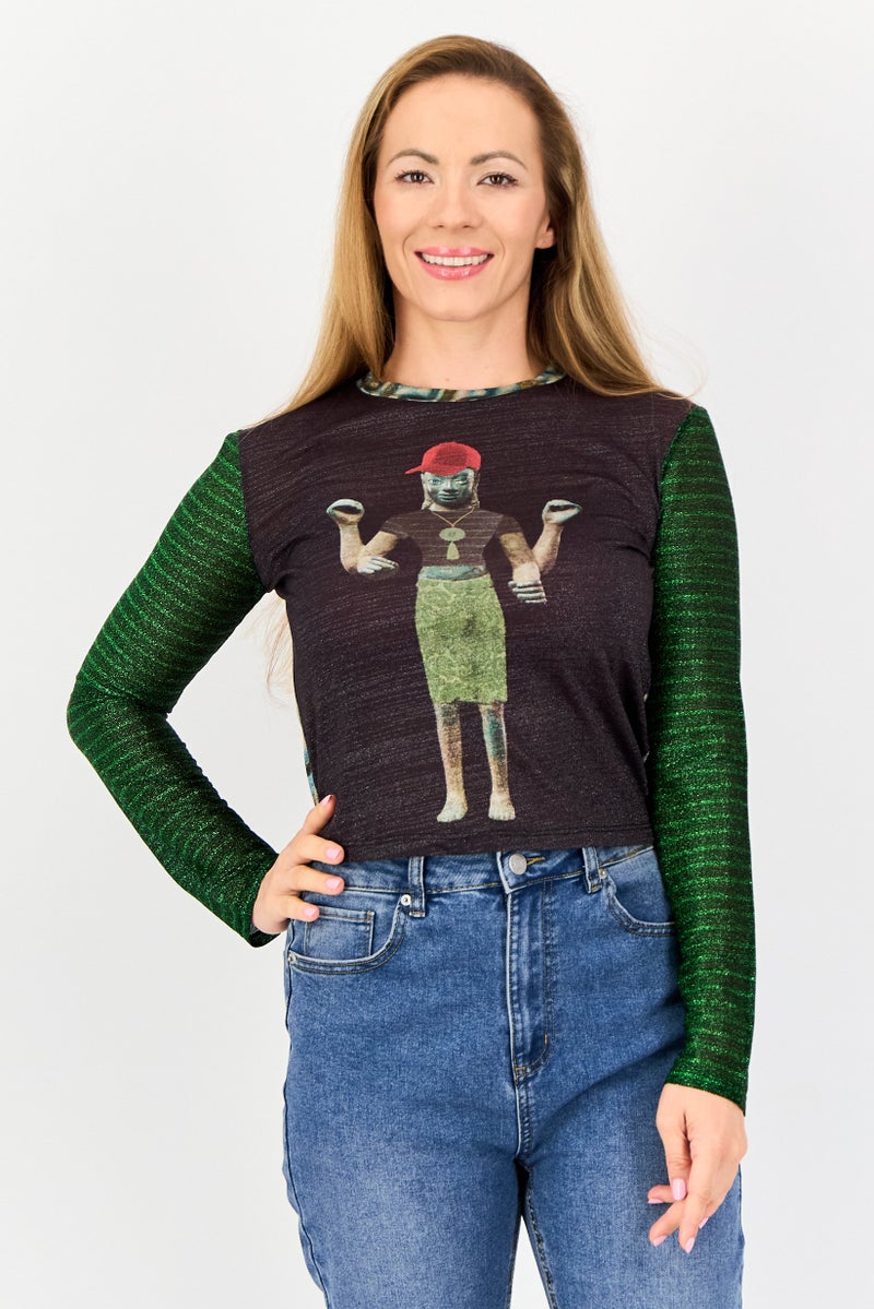 DESIGUAL بلوزة نسائية بأكمام طويلة وياقة دائرية بطباعة جرافيك، متعددة الألوان - Image 1