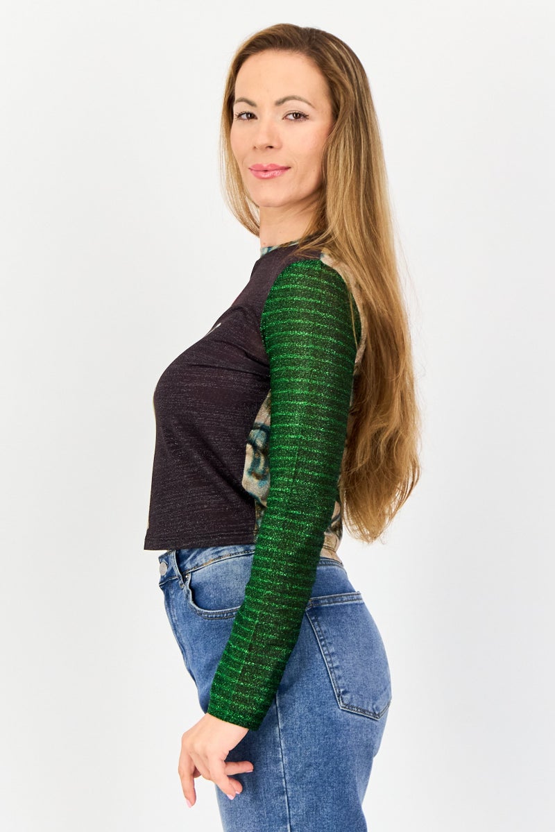 DESIGUAL بلوزة نسائية بأكمام طويلة وياقة دائرية بطباعة جرافيك، متعددة الألوان - Image 4