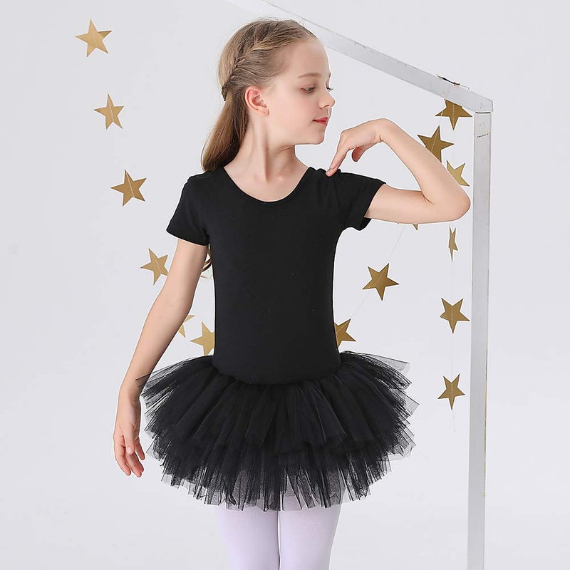 Bezioner Girls Cotton Ballet Dance Dress Cute Tutu Skirted Leotard Short Sleeve Black Size 8-9 Years - Image 2