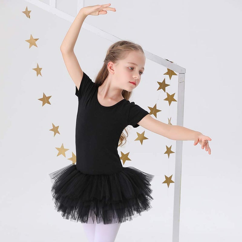 Bezioner Girls Cotton Ballet Dance Dress Cute Tutu Skirted Leotard Short Sleeve Black Size 8-9 Years - Image 5