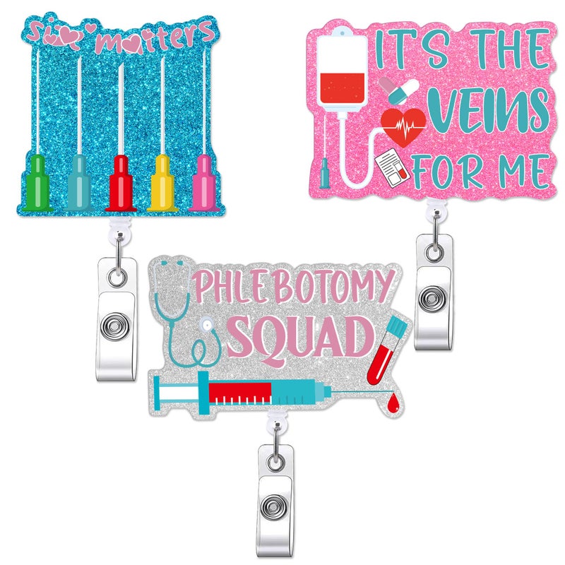 MENIFEND 3 Pcs Phlebotomy Badge Reels, Funny Retractable Badge Reel with Swivel Clip, Gifts for Phlebotomist Nurse Nursing Staff - Image 1