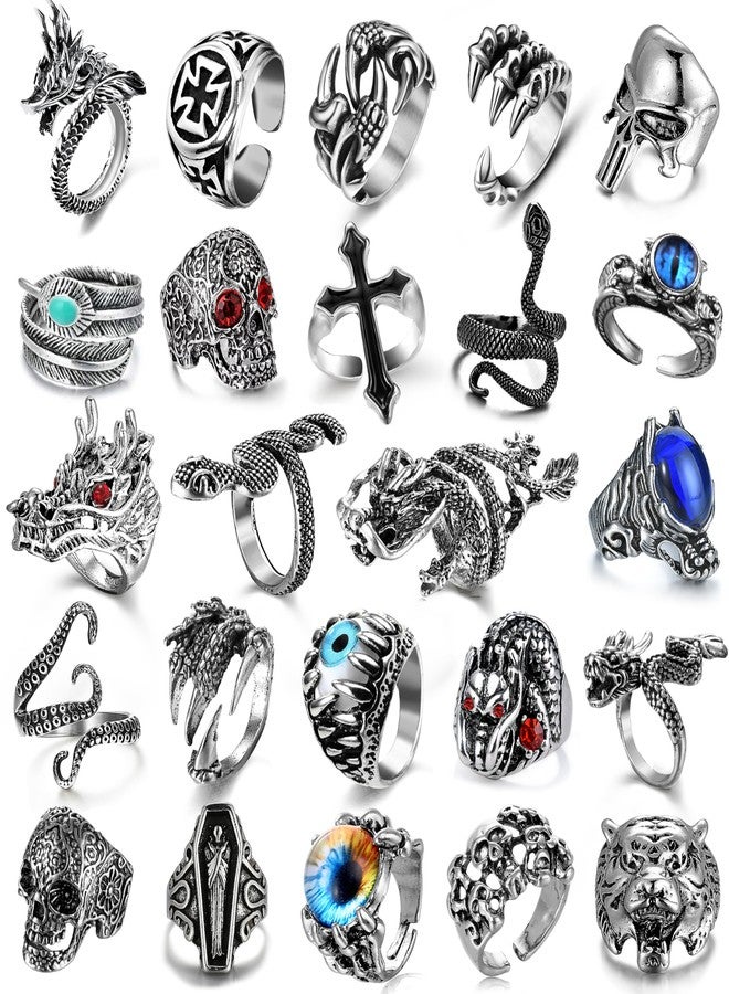 EIELO 24Pcs Vintage Punk Rings Set for Men Cool Gothic Chunky Rings Statement Snake Claw Skull Dragon Eyes of Hell Open Boho Ring Set - Image 1