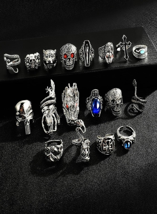 EIELO 24Pcs Vintage Punk Rings Set for Men Cool Gothic Chunky Rings Statement Snake Claw Skull Dragon Eyes of Hell Open Boho Ring Set - Image 2