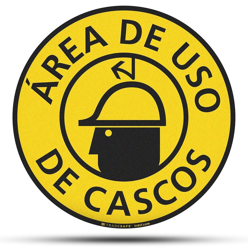 TRADESAFE Spanish Hard Hat Area Anti-Slip Floor Sticker - Área de USO De Cascos Caution Sign, Peel and Stick Adhesive Vinyl Sign, ANSI-Compliant, 17” Diameter Round Sticker - Image 1