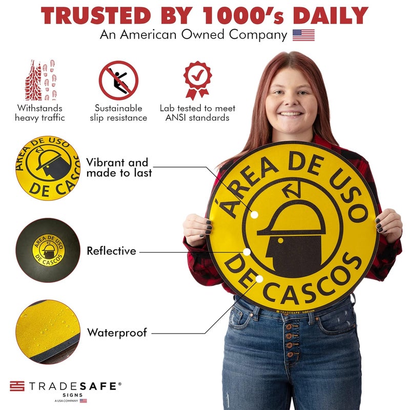 TRADESAFE Spanish Hard Hat Area Anti-Slip Floor Sticker - Área de USO De Cascos Caution Sign, Peel and Stick Adhesive Vinyl Sign, ANSI-Compliant, 17” Diameter Round Sticker - Image 2