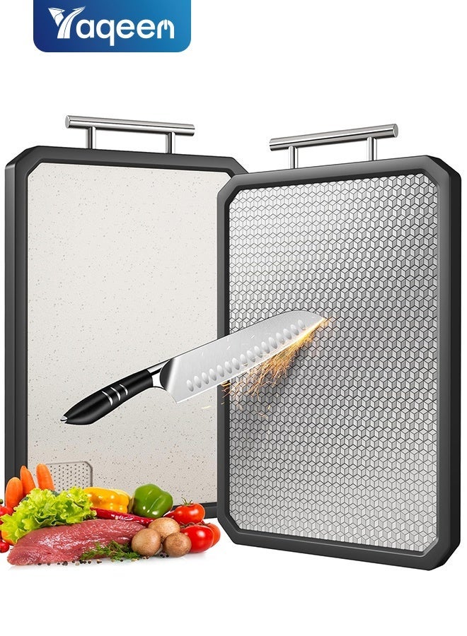 لوح تقطيع كبير 16 بوصة × 11 بوصة، مصنوع من الفولاذ المقاوم للصدأ 304، لوح تقطيع مزدوج الجوانب، لوح تقطيع من ألياف قشر الأرز الآمنة غذائيًا مع قش القمح وحواف من السيليكون غير القابل للانزلاق، مقبض سهل الإمساك - Image 1