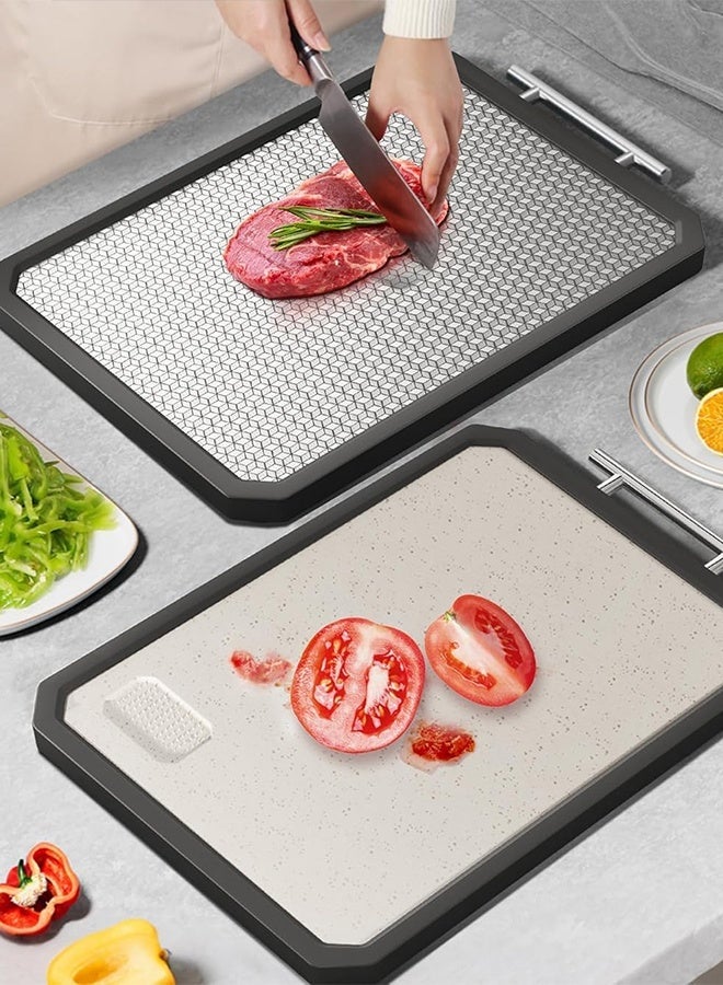 لوح تقطيع كبير 16 بوصة × 11 بوصة، مصنوع من الفولاذ المقاوم للصدأ 304، لوح تقطيع مزدوج الجوانب، لوح تقطيع من ألياف قشر الأرز الآمنة غذائيًا مع قش القمح وحواف من السيليكون غير القابل للانزلاق، مقبض سهل الإمساك - Image 2