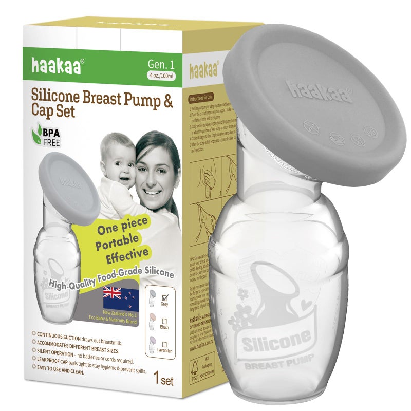haakaa Manual Breast Pump Breastfeeding Pump with Food Grade Silicone Cap (Grey) 4oz/100ml - Image 1