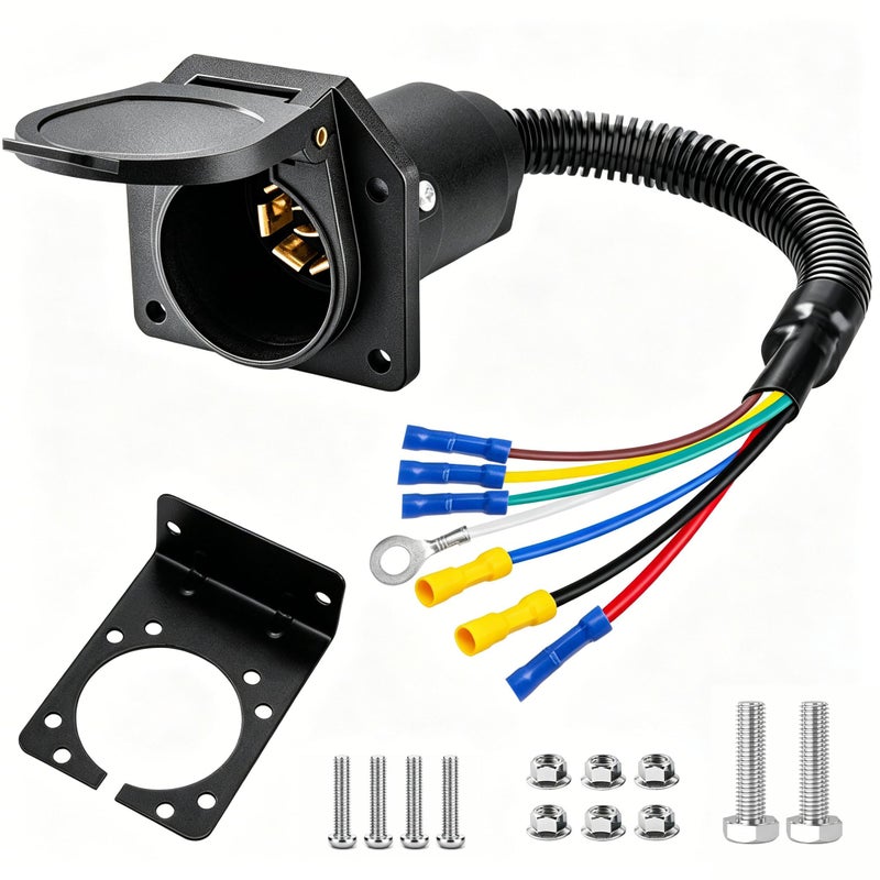 Seamaka 7 Pin Trailer Plug7 Way Trailer Light Connector Socket7 Prong Electrical Truck End Wiring Harness Vehicle Side7 Pin Truck Plug Quick Converter with Mounting Bracket - Image 2