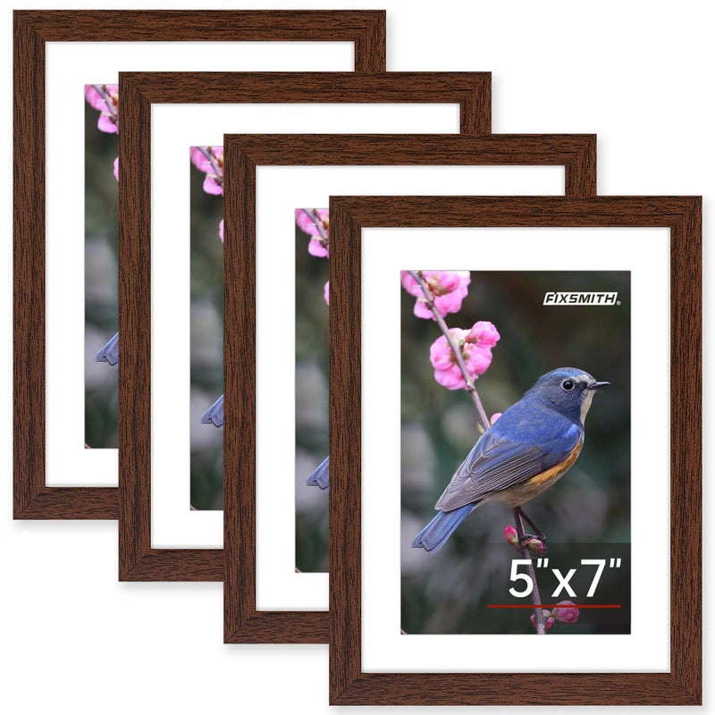 FIXSMITH 5x7 Picture Frame Bulk-4 Pack  Photo Frame with HD Plexiglass  Display Pictures 4x6 with Mat or 5x7 Without Mat  Brown Picture Frames Collage Wall Decor  Wall & Tabletop Picture Frames - Image 1
