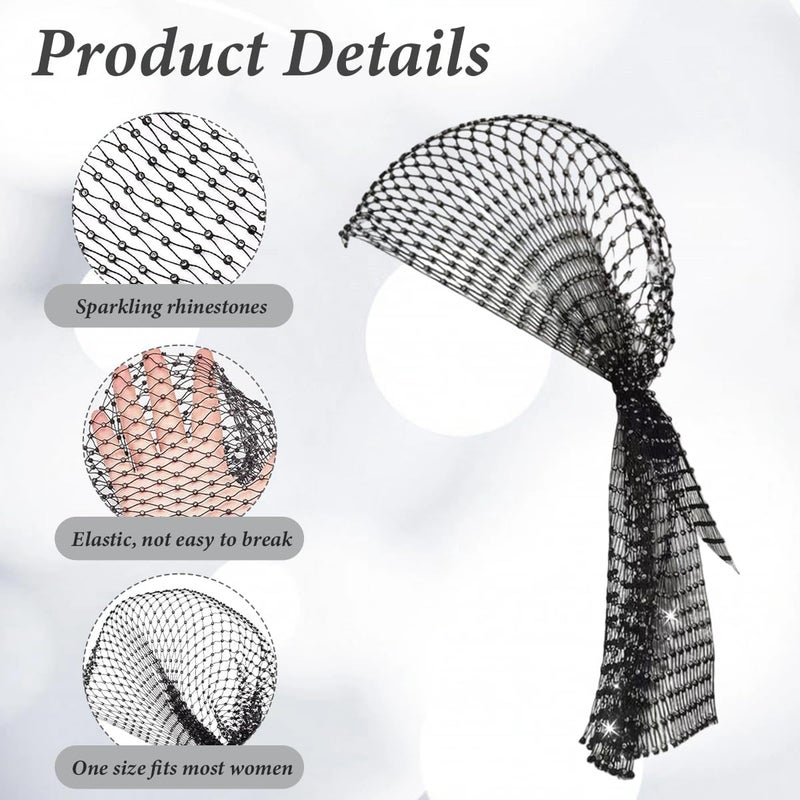 VASANA Women Black Mesh Rhinestones Headband Sparkly Head Scarf Glitter Fishnet Diamond Headpiece Crystal Nightclub Headwrap Rave Hair Accessories - Image 3