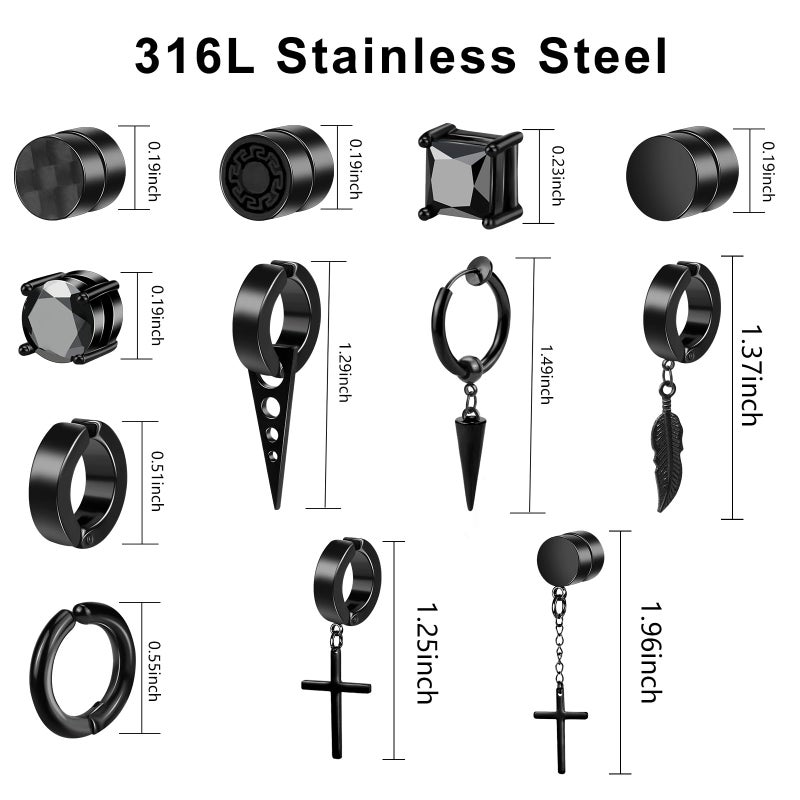 ONESING 12 Pairs Black Magnetic Earrings: Clip On, Hoop & Dangle Designs - Non-Piercing Set for Men & Women - Image 2