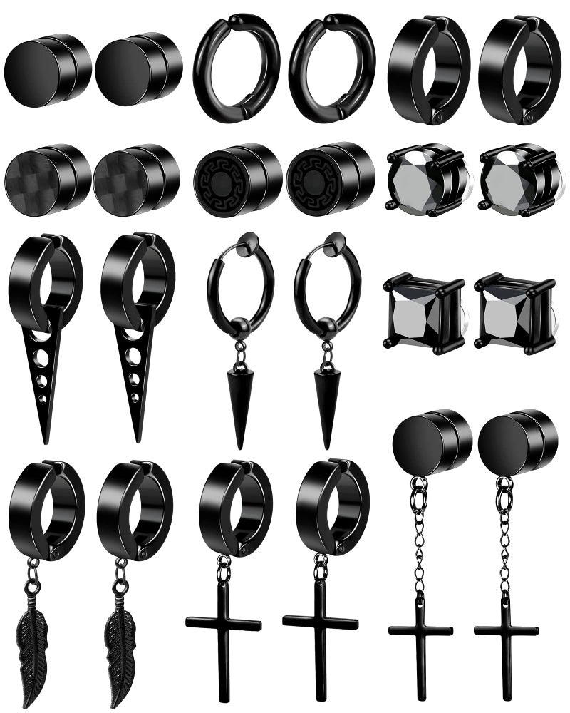 ONESING 12 Pairs Black Magnetic Earrings: Clip On, Hoop & Dangle Designs - Non-Piercing Set for Men & Women - Image 1