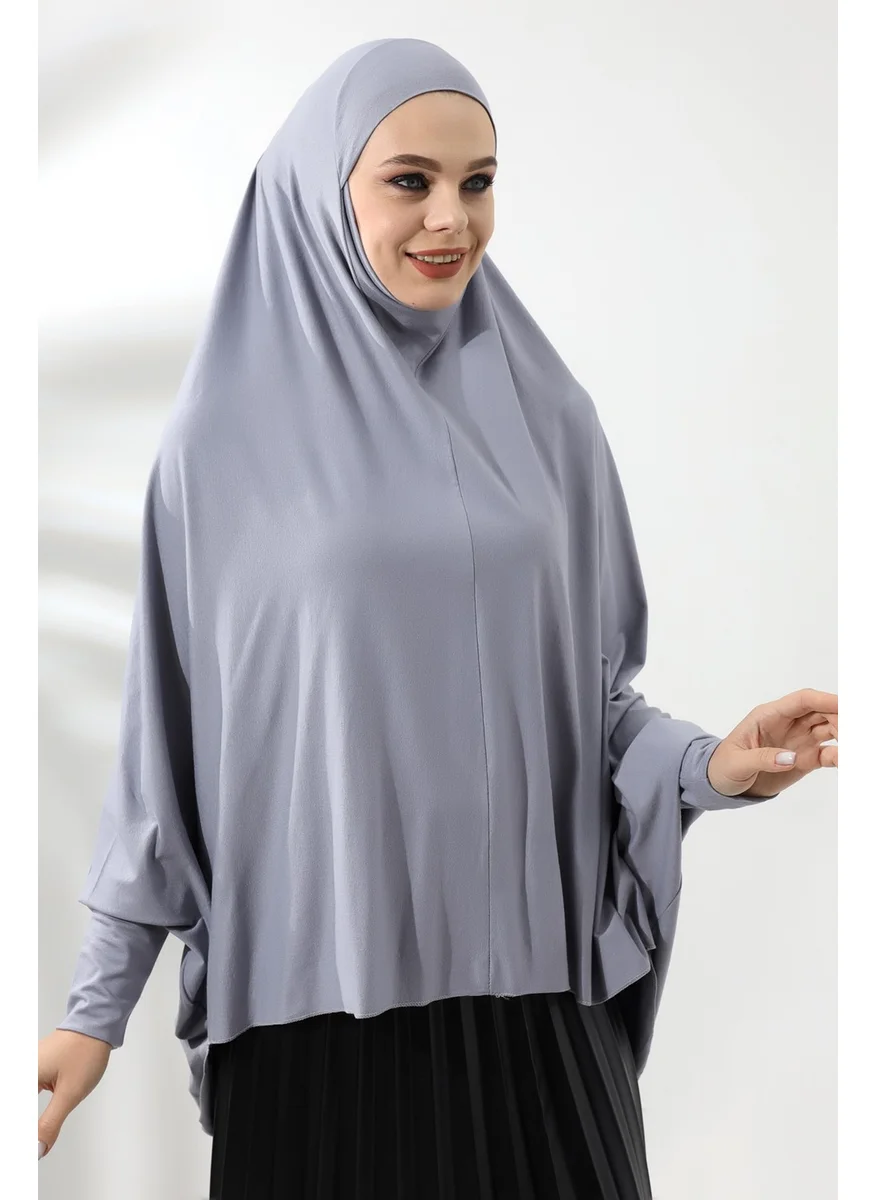 İhvan Online Gray Ready Practical Sultanbaş Hijab Sleeve Combed Cotton Soufflé Scarf Hijab