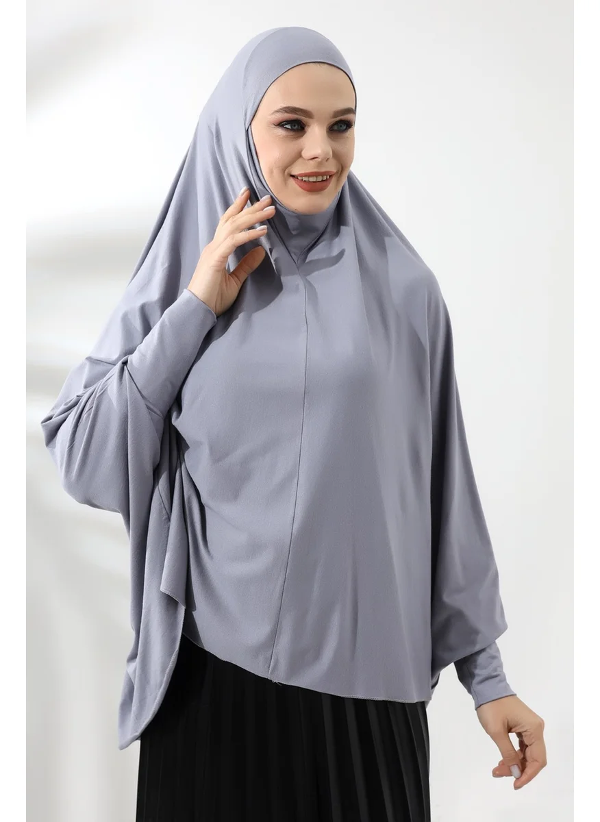 İhvan Online Gray Ready Practical Sultanbaş Hijab Sleeve Combed Cotton Soufflé Scarf Hijab
