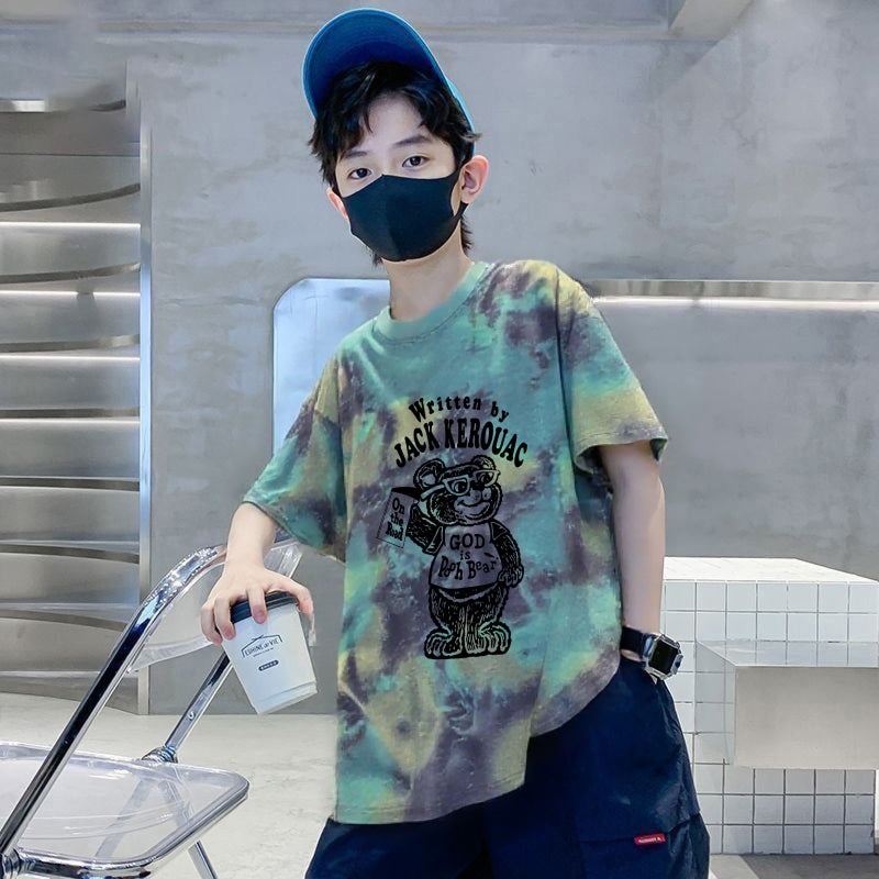 Children'S Tie-Dyed T-Shirt Top Boy'S Pure Cotton Summer T-Shirt Short-Sleeved Loose Summer Printed Casual All-Match Round Neck - Image 3