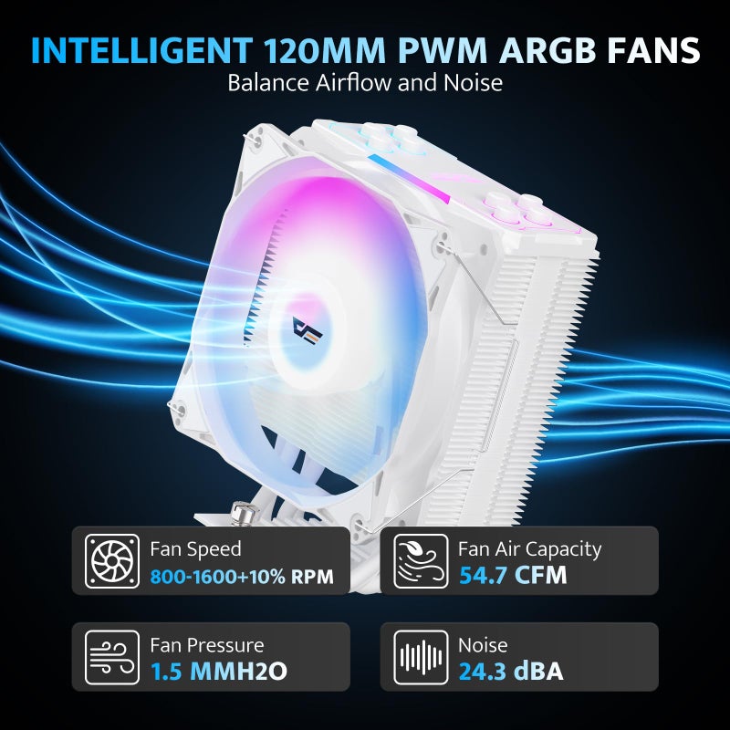 DarkFlash مبرد وحدة المعالجة المركزية darkFlash Z4Pro Mist، 120 مم، برج واحد، TDP 200 واط، 4×6 مم أنابيب حرارية، مراوح ARGB PWM للكمبيوتر، مبرد هواء لوحدة المعالجة المركزية متوافق مع Intel LGA115x/12xx/17xx؛ AMD AM4/AM5، ارتفاع 155 مم (أبيض) - Image 4