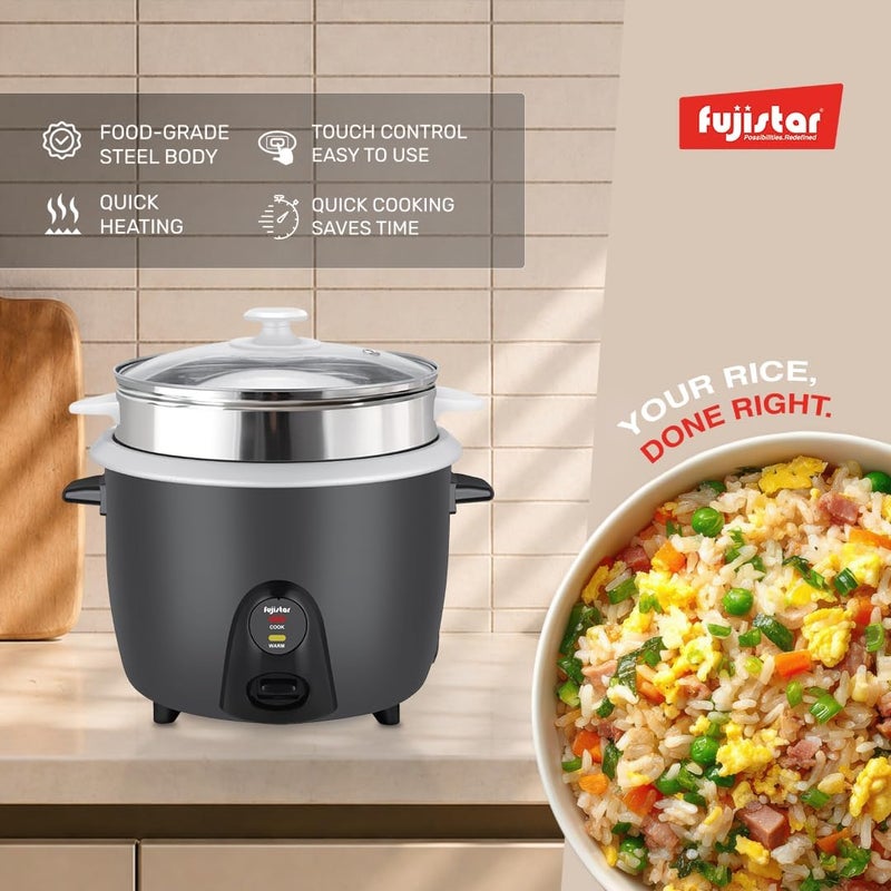 Fujistar Electric Rice Cooker FSRC382, 1.8L Capacity, 700W, Food-Grade Steel Body with Steamer, Cook and Warm Functions - Image 3