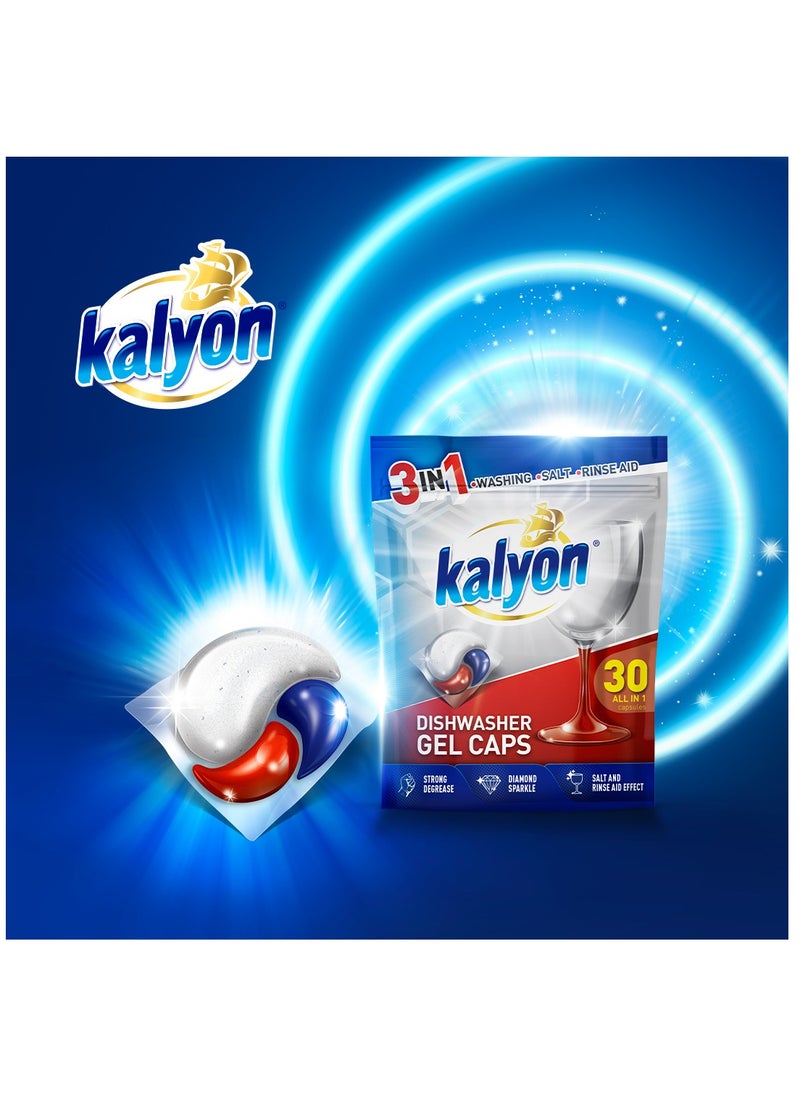 kalyon Kalyon 3-in-1 Dishwasher Gel Caps, 30 Pieces, Strong Degreasing, Diamond Sparkle, Salt and Rinse Aid Effect 