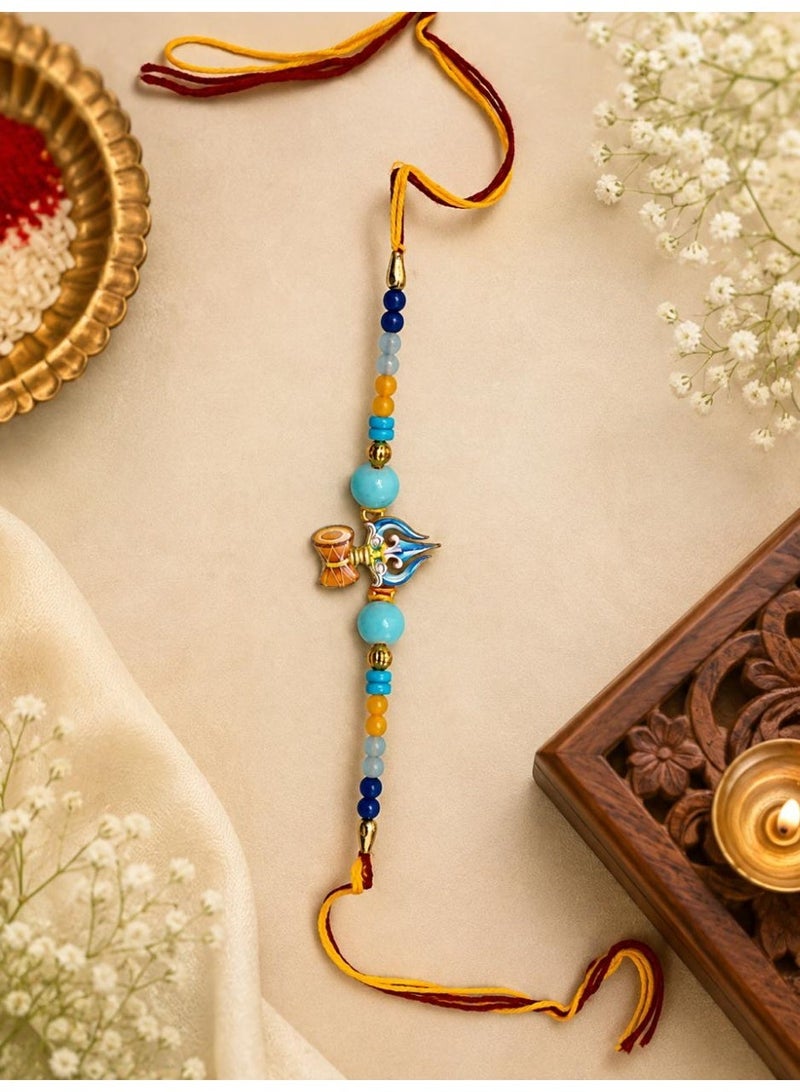 Rajshi Raksha Bandhan Trishul Rakhi for Bhai with Beads Trishul Charm, Multicolour Beads, Damru Pendant, Festive Bracelet, Traditional Design -Size 41