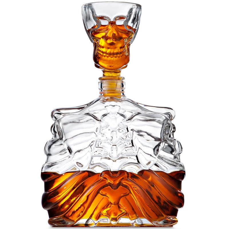 زجاجة ويسكي من جودينجر وكأس شوت زجاجي على شكل جمجمة هيكل عظمي زينة هالوين زينة هيكل عظمي زجاجة مشروبات وكأس ويسكي مجموعة أكواب شوت زينة هالوين 32 أونصة