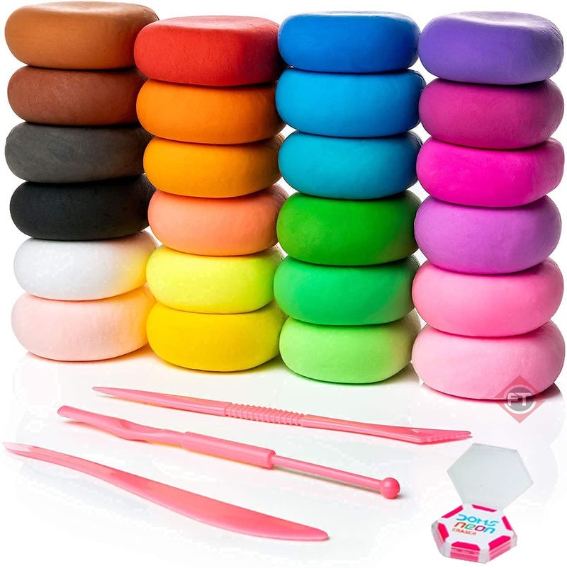 Firstly Firstly Traders 24 pc Air Dry Clay Set for Jewellery Earring Making Beginners Kit Clay Rings2 Sets of 12 Basic Colors Modelling Tools with Clay Free Neon Eraser Stickers 