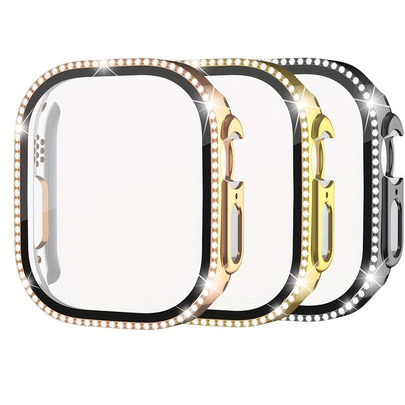 3 Pack 42mm Sparkling Crystal Diamond Rhinestone Ultra Thin Cushion Full Cover Case With Screen Cover For Apple Watch Series 10 11 Black Silver Transparent Ideal Gift For Women Girls - Image 1