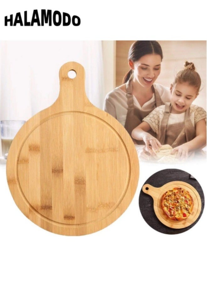 HALAMODO - Bamboo Pizza Pan Round Cutting & Chopping Boards with Handle for Homemade Baking Like Pizza Bread Cake Suitable for Fruit Vegetables and Cheese Cutting - Image 1