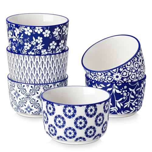 vancasso Selene 6 oz Ceramic Ramekins Set of 6, Microwave & Dishwasher Safe Souffle Cups for Baking, Dip & Sauce, Desserts, Handcrafted Blue Floral Bowls - Image 1