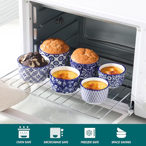 vancasso Selene 6 oz Ceramic Ramekins Set of 6, Microwave & Dishwasher Safe Souffle Cups for Baking, Dip & Sauce, Desserts, Handcrafted Blue Floral Bowls - Image 4