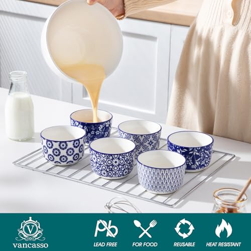vancasso Selene 6 oz Ceramic Ramekins Set of 6, Microwave & Dishwasher Safe Souffle Cups for Baking, Dip & Sauce, Desserts, Handcrafted Blue Floral Bowls - Image 3