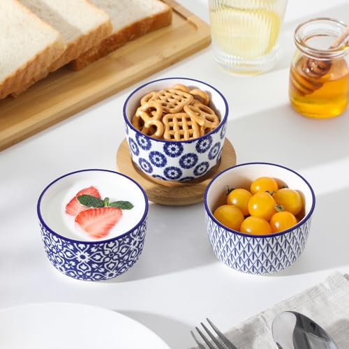 vancasso Selene 6 oz Ceramic Ramekins Set of 6, Microwave & Dishwasher Safe Souffle Cups for Baking, Dip & Sauce, Desserts, Handcrafted Blue Floral Bowls - Image 5