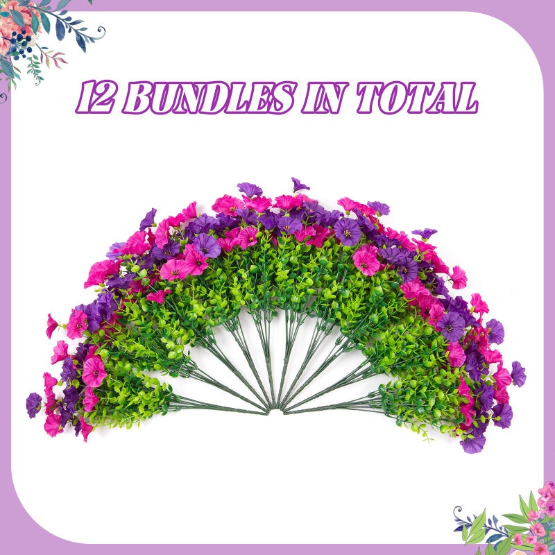 Hrobek Artificial Flowers for Outdoors, 12 Bundles Fake Plastic Flower Plant, UV Resistant Faux Colorful Silk Morning Glory Petunias for Spring Summer Outside Garden Porch Front Door Decor, Purple - Image 3