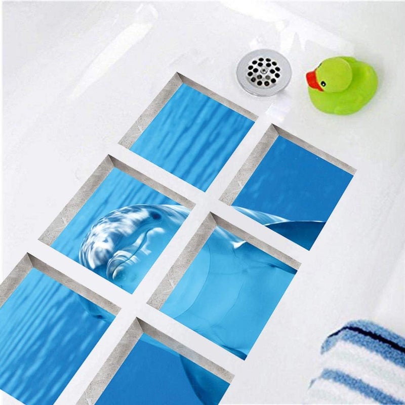 ChezMax Non Slip Bathtub Stickers, Adhesive Anti Slip Shower Floor Stickers Bath Tub Decals Treads Safety Waterproof Bathtub Grip Appliques Tattoos, 6 Pcs 3D Dolphin Blue Pattern, Square 5.9" X 5.9" - Image 1