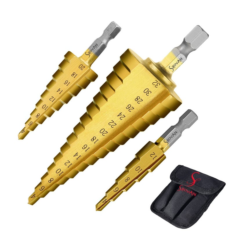 Ss shovan 3PCS HSS Step Bits Set High Speed Steel Step Drill Bits Set - (4-12mm, 4-20mm and 4-32 mm) Cone Drill Bits Hole Cutter for Wood Stainless Steel Sheet Metal - Image 1
